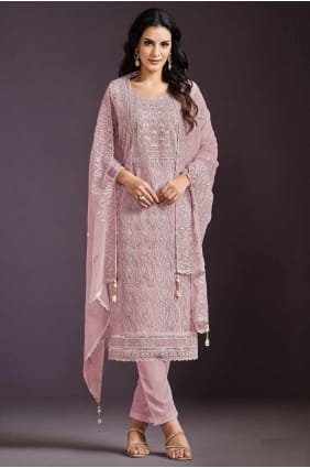EID EID SALWAR KAMEEZ EN MOUSSELINE DE SOIE BRODÉ EN ROSE SK155160
