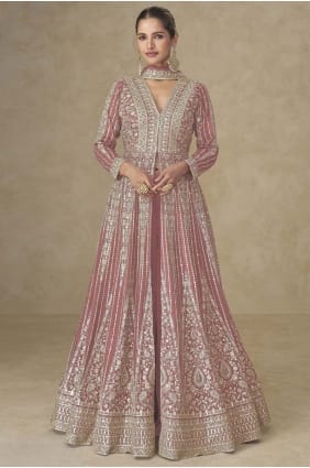 Ensemble Anarkali en mousseline Chinon brod e orange avec dupatta AS4247