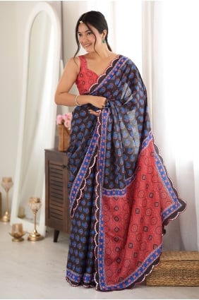 Sari noir en mousseline de soie Chinon à imprimé miroir SR30272