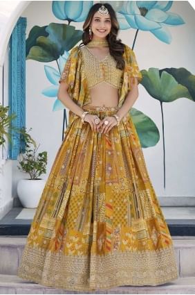 Lehenga Choli en mousseline de soie jaune Chinon avec imprimé numérique LC8554