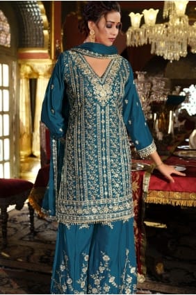 Ensemble Sharara bleu en mousseline et sequins SS1303