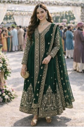 Anarkali brodée en mousseline de soie verte AS4282