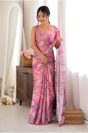 Sari imprimé miroir en mousseline de soie rose SR30266