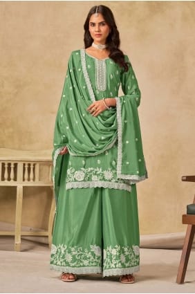 Costume Palazzo vert brodé en mousseline de soie Chinon avec Dupatta PZ4215