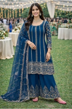 Ensemble palazzo bleu sarcelle en mousseline brodée avec dupatta PZ4401