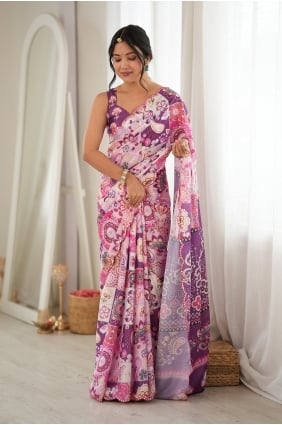 Sari violet en mousseline de soie imprimée miroir SR30280
