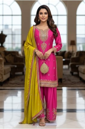 Salwar Kameez en mousseline de soie rose brodée avec dupatta SK15868