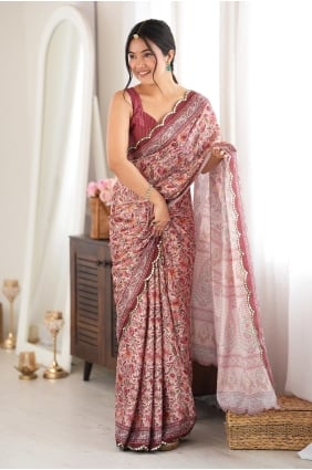 Sari en mousseline Chinon marron avec imprimé miroir SR30271