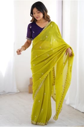 Sari en mousseline de soie citron Chinon orné de pierres et de perles SR29826