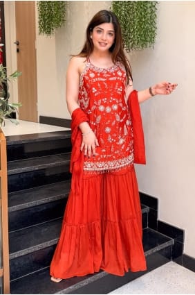 Ensemble sharara orange en mousseline de soie Chinon brodée SS1392
