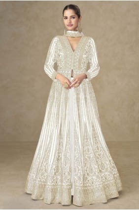 Anarkali en mousseline Chinon blanche brod e AS4250