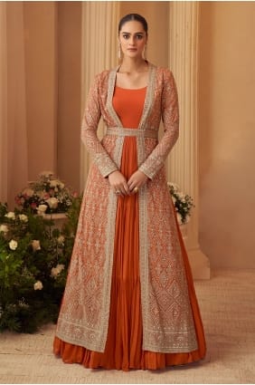Robe longue en mousseline de soie Chinon brodée orange avec dupatta GW1278