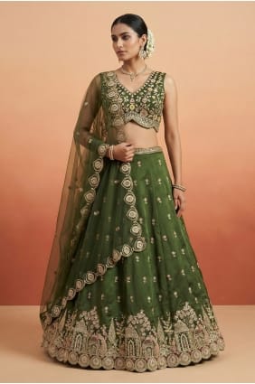 Lehenga Choli vert olive en mousseline de soie brodée LC9163
