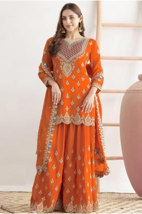 Ensemble palazzo en mousseline de soie Chinon avec zari orange, idéal pour l'Aïd. PZ4288