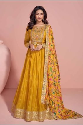 Costume Anarkali jaune Chinon brodé AS4104