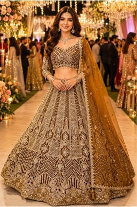 Lehenga Choli de fête couleur cuivre doré en tulle brodé LC9076