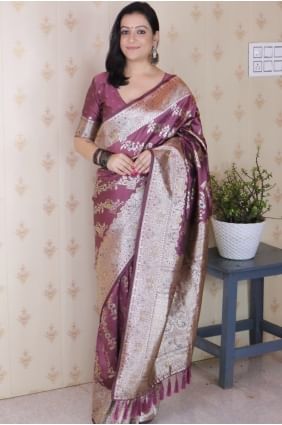 Sari corail en soie Banarasi tissée SR28977