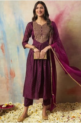Ensemble Anarkali violet en coton brodé AS4332
