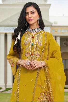 Ensemble Anarkali jaune en coton brodé SK15701