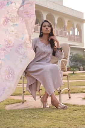 Ensemble Anarkali beige en coton fait main avec dupatta SK155974