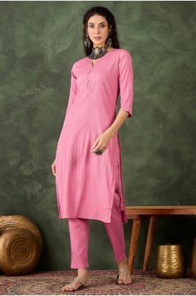 Salwar Kameez rose en mélange de coton brodé avec dupatta SK15833