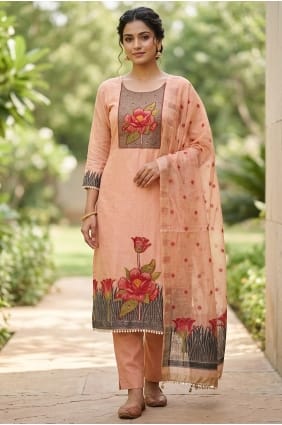 Salwar Kameez en coton pêche imprimé SK15872