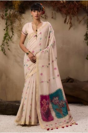 Sari en coton crème avec broderies Resham et zari. SR29607