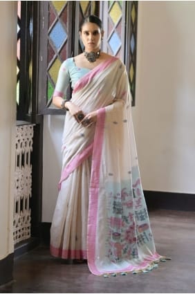 Sari crème en coton tissé avec chemisier assorti SR29348