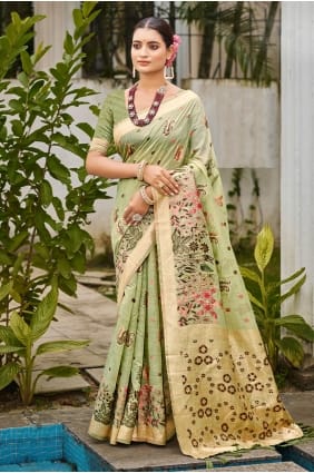 Sari en coton brodé vert SR29840