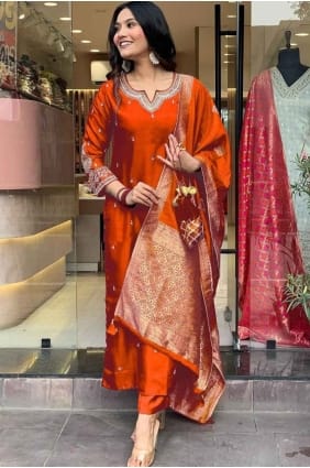 Salwar Kameez en coton brodé rouille pour l'Aïd SK156015