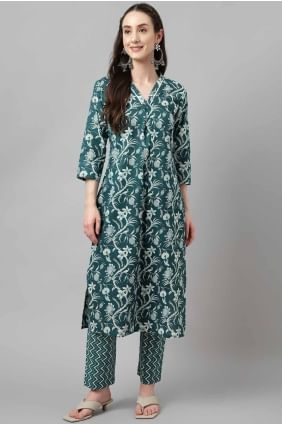 cotton kurti in teal blue with printed KTI2661