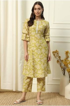 Kurti en coton jaune clair en imprimé KTI2636