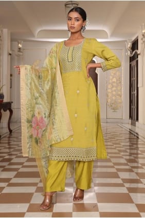 Salwar Kameez jaune clair pour l'Aïd en coton brodé SK155979