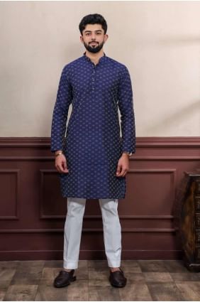 Coton Hommes Kurta en Bleu avec tissage KURR503