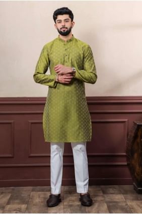 Coton Hommes Kurta en Mahendi avec tissage KURR499