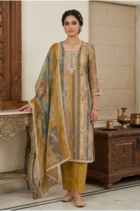 Salwar Kameez en coton imprimé moutarde SK159074