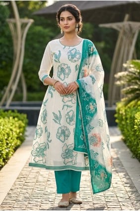 Salwar Kameez en coton imprimé blanc cassé avec dupatta SK15882