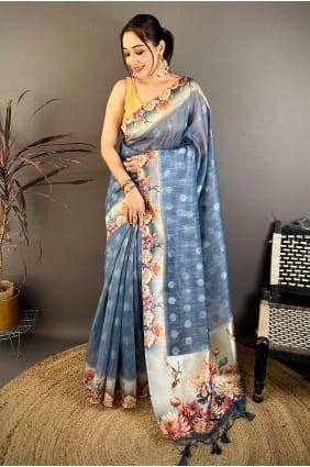 Sari en coton imprimé bleu SR30059