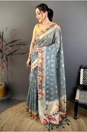 Sari gris en coton imprimé SR30062