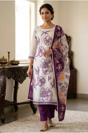 Salwar Kameez blanc cassé en coton imprimé SK15883