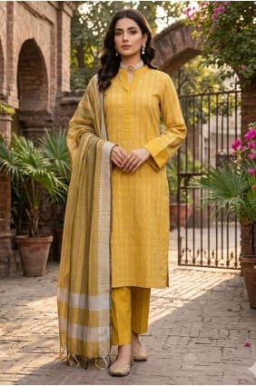 Salwar Kameez en coton imprimé jaune avec dupatta SK15893