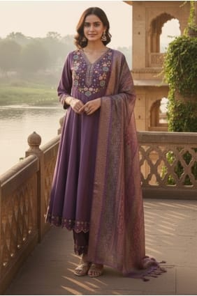 Anarkali violet en coton brodé AS4163