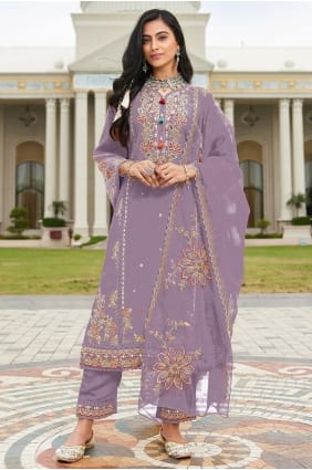 Salwar Kameez en coton violet brod avec dupatta SK15618