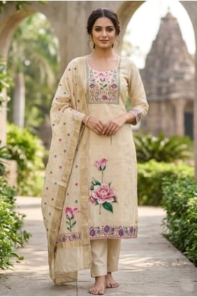 Salwar Kameez en coton imprimé beige SK15878