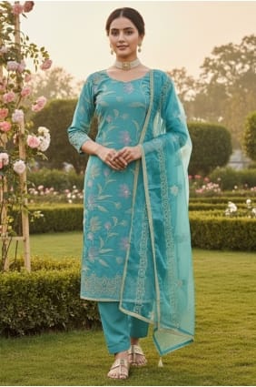 Salwar Kameez bleu en coton brodé avec dupatta SK15700