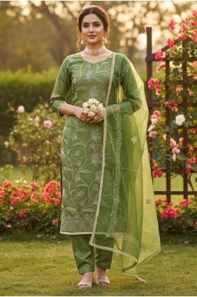 Salwar Kameez vert coton brodé SK15697