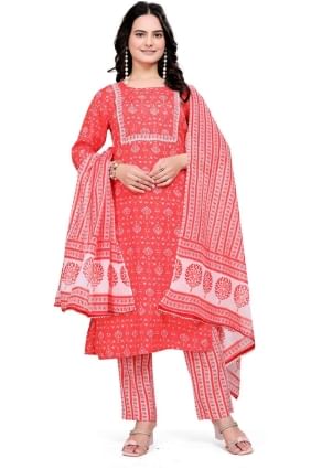 Salwar Kameez en coton orange avec impression numérique SK155367