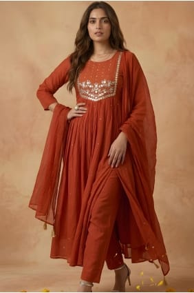 Salwar Kameez en coton rouille brodé avec dupatta SK159104