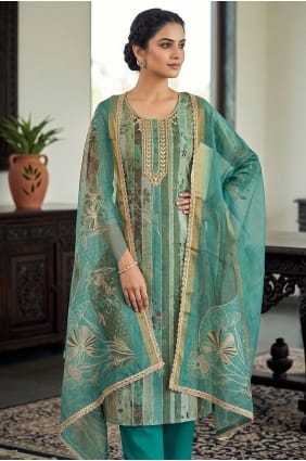 Salwar Kameez en coton vert d'eau imprimé SK159071