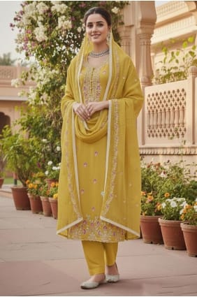 Salwar Kameez jaune en coton brodé SK15696